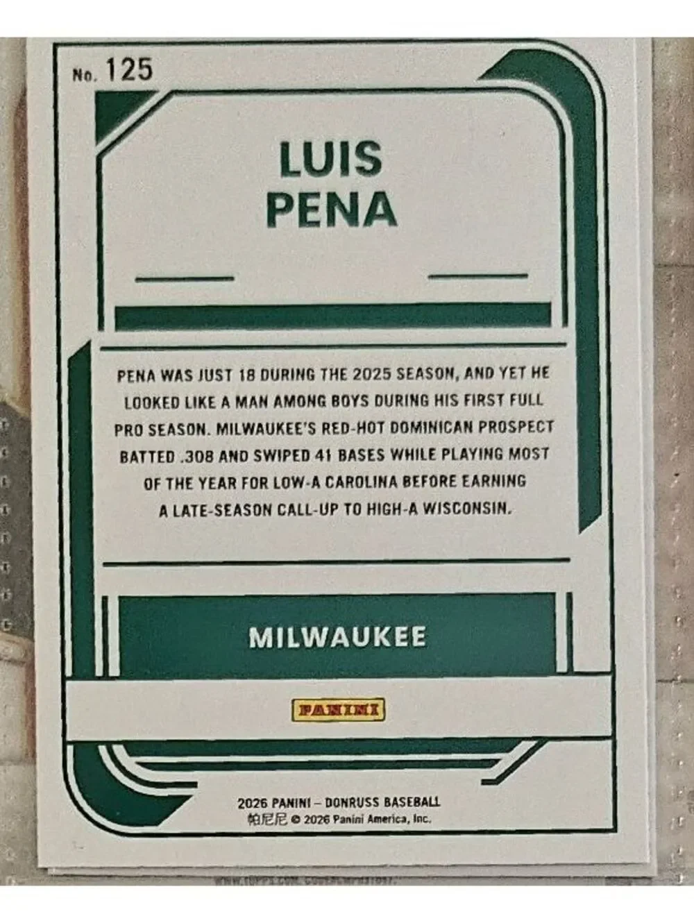Luis Pena [liberty insert] (Rated Prospect) #125 2026 Panini Donruss - Brewers
